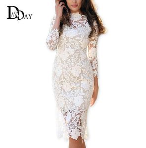 2016 Summer Women White Lace Dresses Bodycon Crochet Lace Long Streeve MidiエレガントシースペンシルパーティードレスS1471635702180