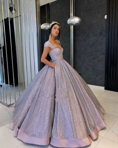 Puffy Long Evening Dresses sweetheart with pockets Ball Gown Cap Sleeve Sparkly Sequin Arabic Style Women Formal Evening Gowns