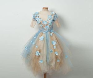 Blue and Champagne Tulle Homecoming Dresses with Flower Applique Half See Though Sleeve Irregular Backless Gril039s Short Dress5451708