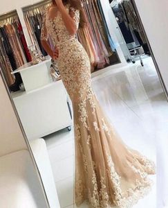 Glamorous Champagne 2018 Prom Dresses Sexy Dubai Tulle Mermaid Fornal Evening Gowns Full Lace Appliques Half Sleeve Party Dresses7500170