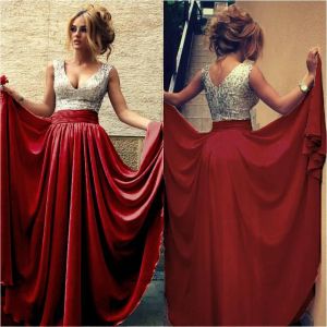 Dresses Sexy Silver Sequined V Neck Evening Gowns Sweep Train Prom Dresses Red Champagne Party Gowns Long Formal Pageant Gowns Plus Size C