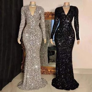 Customized size Women Gray V Neck Long Sleeve Sequin Dress Elegant Evening Dress Party Maxi Dress Ladies Trailing Dresses 240320