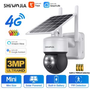 カメラShiwojia Tuya Solar Camera 4G SIM 3MP WiFiソーラーパネルパワーセキュリティカメラ屋外PTZサーベイランスPIRセキュリティ保護