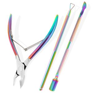 3pcs Set Rainbow Stainless Steel Nail Cuticle Scissors Pushers Dead Skin Gel Polish Remover Nail Art Manicure Care Tools