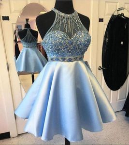 Blue Satin Sheer Neck Short Homecoming Dresses Beads Crystals Formal Party Gowns Open Back 8th Grade Girl039s Cocktail Dress Li4659643