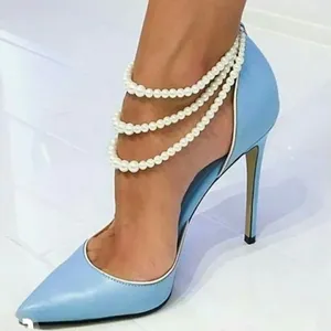 Dress Shoes White Pearl Shallow Women High Heel Pumps Blue Patent Leather Cutouts Thin Heels Wedding Party Club Size 45