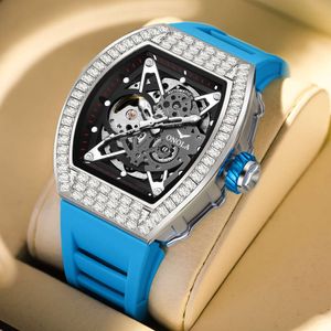 44 Fashion Square Diamond New Orona/onola Live Hollow Fully Automatic Mechanical Watch Men's Silicone Tape Waterproof 66