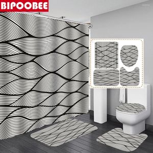 Shower Curtains High Quality Wavy Stripes Print Fabric Curtain With Hooks Bathroom Set Anti-skid Rugs Toilet Lid Cover Bath Mat