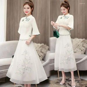Casual Dresses White Hanfu Dress For Women Summer Chiffon Ancient Chinese Style Costume Top And Skirt Cosplay Two-piece Suit L11