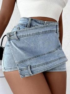 Frauenshorts 2024 Frauen Mode Jeans Mini Skort Rave Street Wrap Stretch Unregelmäßige A-Line Skinny Cargo Jean Mujer