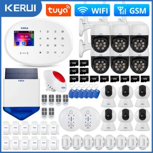 Kits Kerui Tuya Smart 4G GSM WiFi Home Alarm System Kit Wireless Alarm Security System Kamera Kontroll Alexa Google Pir Sensor Siren