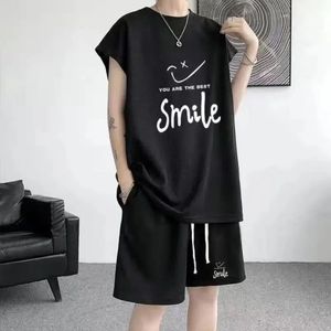 M-5xl Summer Hip Hop uśmiech Letter kamizelka w stylu koreańskim mężczyzn Mężczyzny Rękawe Casual Graffiti Oversize T-Shirt T-shirt HARAJUKU Zestaw 240321