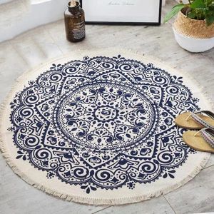 Mattor Nordiska runda mattor Boho Ethnic Tassel Rugs Black Blue For Living Room Modern Classic Cotton Linen Marocko