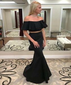 2022 Sexy Black Cheap Simple Evening Formal Dresses Long Boho Off the shoulder with Short Sleeves Satin Mermaid Prom Party Dress G3342616