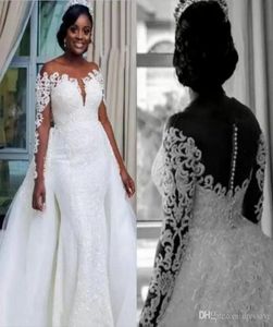 Mermaid Wedding Dresses with Overskirt Detachable Skrit Lace Long Sleeve Applique Bridal Gown Train Church Bride Dress Vestido de 4334732