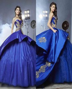 Royal Blue Quinceanera klänningar med guldbroderi peplum bollklänning maskerad sweety 16 flickor prom klänning8324926