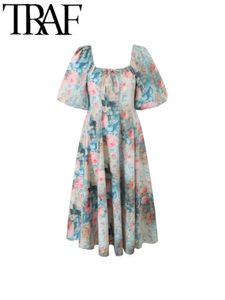 TRAF GAL Beach Printed Women Vintage Long Dress Square Collar Bow Puff Sleeve Slim Robe Swing Female Summer Midi Y2K 240329