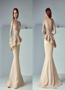 2020 Champagne Dubai Arabic Mermaid Prom Dresses Wear Scoop Neck Lace Stain Peplum långa ärmar golvlängd fest kväll formell 9360512