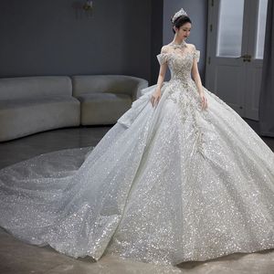 Sexy bling Wedding Dresses for Women 2024 crystals beaded Tulle Backless beach Boho Wedding Gown Vestidos De Novia Bridal Dresses Sheer Neck Wed Gowns