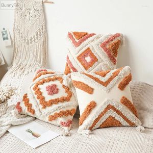 Pillow Cover Tufted Orange Ivory Boho Tassels Warm Color Decoration Living Room Bedroom Sofa Couch Square 45x45cm