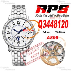 34 Q3448120 A898 Otomatik Kadınlar İzle Rendez-Vous Gece Günü Apsf Elmas Çerçeve Beyaz Mavi Kadran Paslanmaz Çelik Bezsiz Bezi Süper Sürüm Bayanlar Puretime Ptjl F2