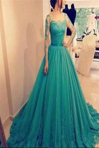 Vestidos De Festa 2019 Elegant Ball Gown Evening Dresses Sheer Long Sleeves Tulle Prom Dress Lace Appliques Floor Length Formal Pa1473960