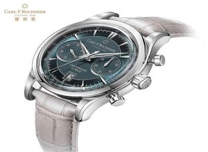 Carl F Bucherer Marley Dragon Flyback Chronograph Grey Blue Top Top Skórzowy pasek kwarcowy zegarek Men039s Prezent3063876