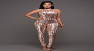 Fashion New Champagne Jumpsuit Black Slinky Metallic Glitter Bodysuit Catsuit Disco Backless Sequin Jumpsuits3700980