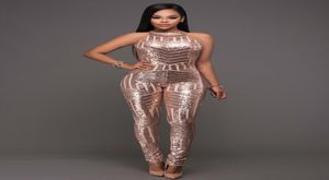 Moda Yeni Şampanya Tulum Siyah Slinky Metalik Glitter Bodysuit Catsuit Disko Sırtsız Sequin Tulumları3700980