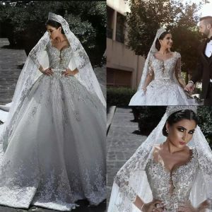 Klänningar faller nya lyxiga pärlor arabiska bollklänningar bröllopsklänningar glamorösa långa ärmar tyllapplikationer pärlor paljetter brudklänningar