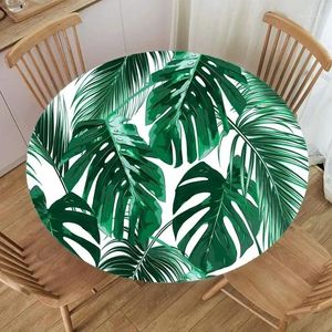 Table Cloth Tropical Plants Round Tablecloth Fitted Elastic Edged Floral Waterproof Polyester Cover For Dinning Room Kitchen Picnic