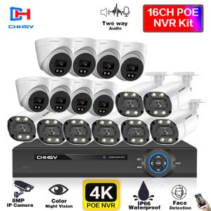 Sistema 4K 16CH Kit de câmera IP Poe Full Color Night Vision Security Conjunto de câmeras de segurança de 16 canais NVR Kit 8MP CCTV Sistema de vigilância de vídeo Conjunto