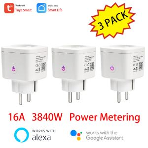 Pluggar 3 Pack Tuya 16A Power Mätning WiFi EU Smart Plug Surger Protection Work med Alexa Google Voice Control Smart Life App Control