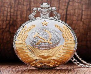 Retro USSR Sovjet Badges Sickle Hammer Style Quartz Pocket Watch CCCP Ryssland Emblem Communism Halsband Kedja timmar Clock4374212