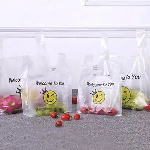 50st/pack 9 storlekar Utför väskor Smile Presentväska detaljhandelsbutik Livsmedelsaffärer Plastpåsar med handtag matförpackning för plastköpspåsar med handtag