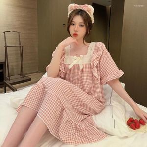 Women's Sleepwear Summer Plus Size Cute Lace Short Sleeve Cotton Nightgowns For Women Korean Casual Plaid Night Dress Nightdress Nighty