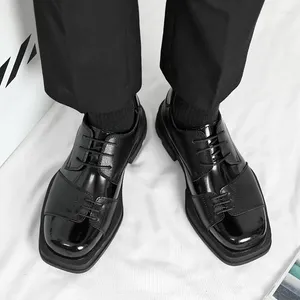 Casual Shoes Men Genuine Leather Derby Vintage Square Toe Male Lace Up Platform Dress Black Business Footwear Wedding