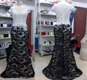 Black and White Prom Dresses Nude Lining 2015 Real Lace Mermaid Sheer Crew Neckline Cap Sleeves Beaded Sweep Train Evening Gowns D5610116