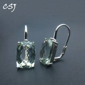 Earrings CSJ Elegant Natural Green Amethyst Earring Sterling 925 Silver Cushion 10*14mm 12Ct Fine Jewelry For Women Lady Party Gift Box