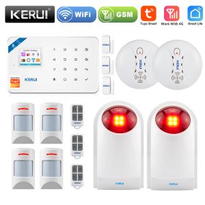 Kits Kerui W181 GSM Tuya WiFi Arbetet för hemsäkerhetsinbrottstjuv smart säkerhetslarm System Motion Detector Door Window Sensor