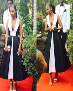 Elegant Black And White Prom Dresses 2016 Deep V Neck Sleeveless Tea Length Evening Gowns Backless South Africa Formal Party Dress2887090