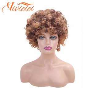 Peruki krótkie kręcone blond peruka syntetyczna afro dziwna krwawa peruka z grzywką dla czarnych kobiet naturalny gradient blondynka