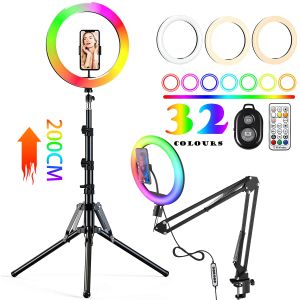 Monopods RGB Color Soft Ring Light com mesa comprimento de braço comprido Tripé Fotografia Iluminação Selfie Ringlight Circle Lamp Phone Stand Stand Stand