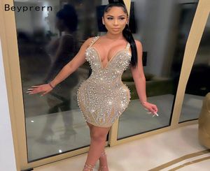 Beyprern Sparkle ärmellose Pailletten Perle Crystal Party Kleid Glitter Spagetti Straps Bodycon Prominente Outfits Weibchen Robe7588114