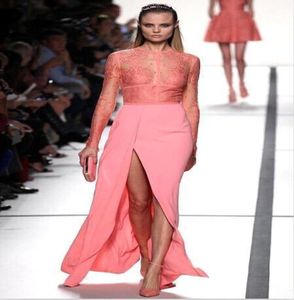 Elie Saab Sexy Coral Split Evening Dresses Abiti di tappeti rosso maniche lunghe illuso ad alta fessura abito da ballo in pizzo da ballo sede7430387