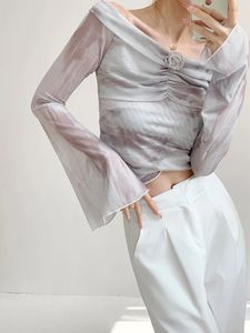 JMPRS SEXY MESH ROSE T SHIRT Women Elegant Slash Neck Tie Dye Flare Sleeve Croped Tops Korean Casual Sweet Slim Design Tees 240401