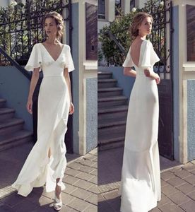 2019 Vintage v الرقبة غمد الشاطئ فساتين الزفاف الأمامية تقسيم عاريات الزفاف الفستان الطابق طول العروس فستان مخصص 6354961