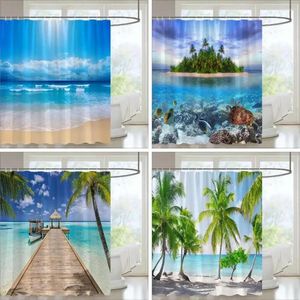Shower Curtains Seaside Scenery Outdoor Curtain Beach Hawaii Coconut Tree Island Nature Polyester Fabric Hanging Bathroom Decor