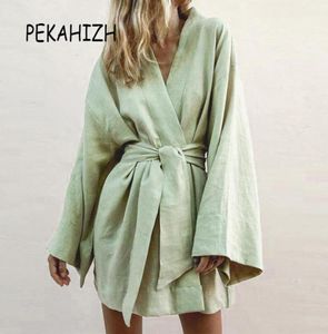 Vintage Vneck Cotton Linen Dress Women Solid White Sashes Loose Mini Boho Casual Vestidos Green Beach 2021 Dresses7200932