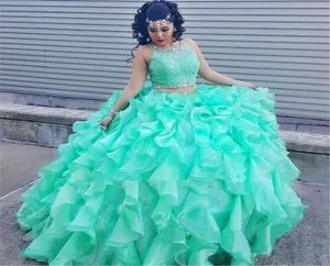 Монетный зеленый бальный платье двойной платья quinceanera ruffles ренты выпускные платья из бисера кружев